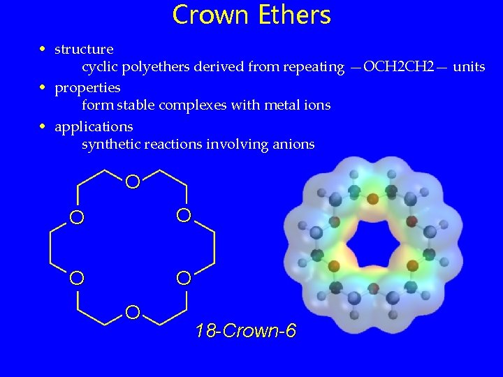 Crown Ethers • structure cyclic polyethers derived from repeating —OCH 2— units • properties