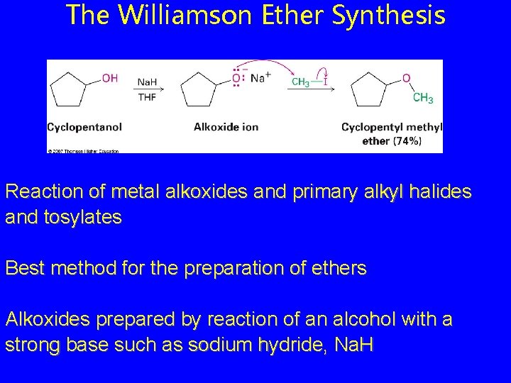 The Williamson Ether Synthesis Reaction of metal alkoxides and primary alkyl halides and tosylates