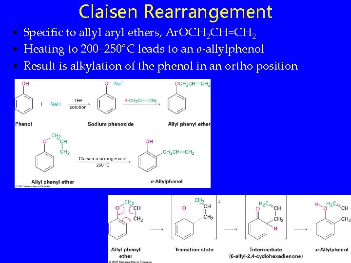 Claisen Rearrangement • Specific to allyl aryl ethers, Ar. OCH 2 CH=CH 2 •