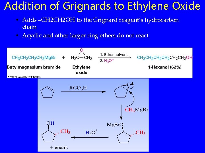 Addition of Grignards to Ethylene Oxide • Adds –CH 2 OH to the Grignard