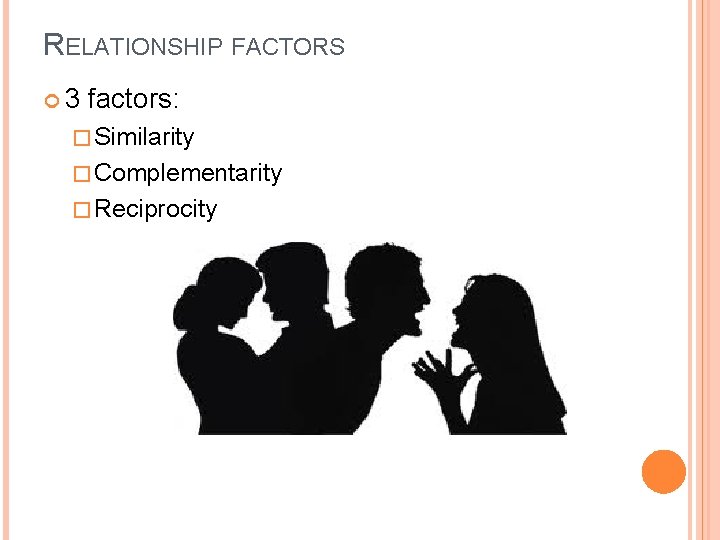 RELATIONSHIP FACTORS 3 factors: � Similarity � Complementarity � Reciprocity 