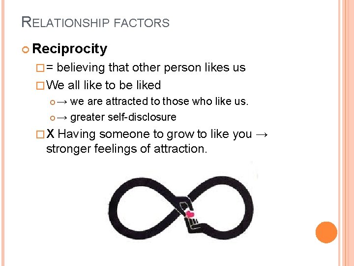 RELATIONSHIP FACTORS Reciprocity �= believing that other person likes us � We all like