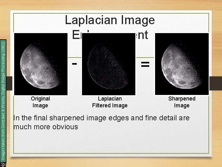 Images taken from Gonzalez & Woods, Digital Image Processing (2002) Laplacian Image Enhancement Original