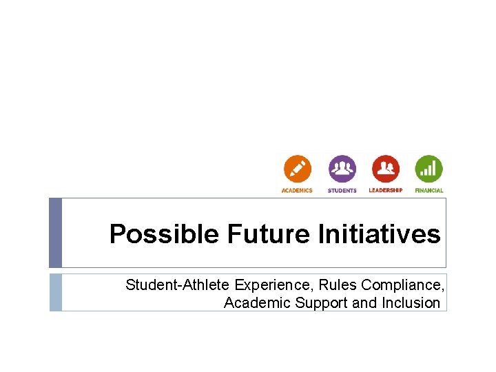 Possible Future Initiatives Student-Athlete Experience, Rules Compliance, Academic Support and Inclusion Possible Future Initiatives Student-Athlete Experience, Rules Compliance, Academic Support and Inclusion