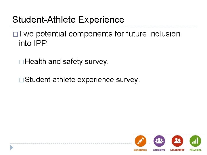 Student-Athlete Experience �Two potential components for future inclusion into IPP: � Health and safety Student-Athlete Experience �Two potential components for future inclusion into IPP: � Health and safety
