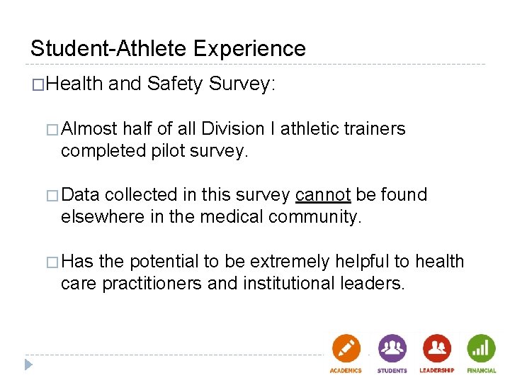 Student-Athlete Experience �Health and Safety Survey: � Almost half of all Division I athletic Student-Athlete Experience �Health and Safety Survey: � Almost half of all Division I athletic