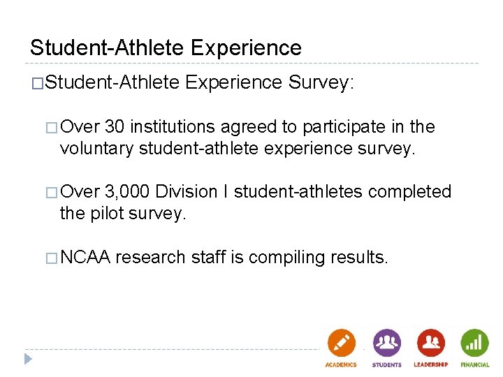Student-Athlete Experience �Student-Athlete Experience Survey: � Over 30 institutions agreed to participate in the Student-Athlete Experience �Student-Athlete Experience Survey: � Over 30 institutions agreed to participate in the