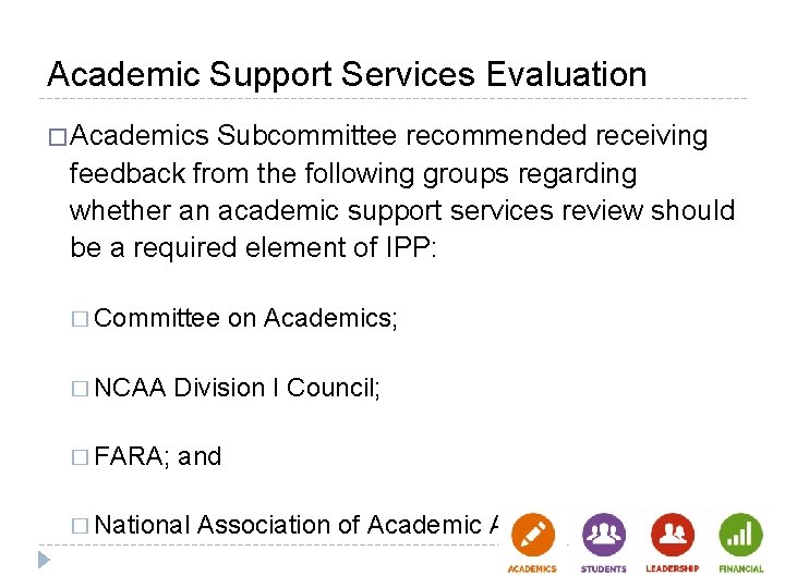 Academic Support Services Evaluation � Academics Subcommittee recommended receiving feedback from the following groups Academic Support Services Evaluation � Academics Subcommittee recommended receiving feedback from the following groups