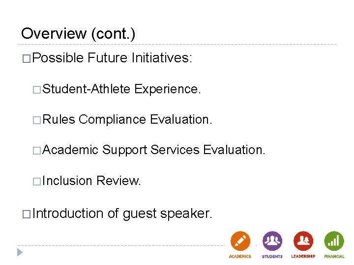 Overview (cont. ) �Possible Future Initiatives: � Student-Athlete � Rules Experience. Compliance Evaluation. � Overview (cont. ) �Possible Future Initiatives: � Student-Athlete � Rules Experience. Compliance Evaluation. �