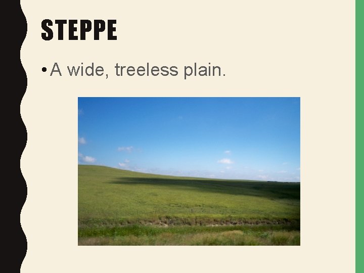 STEPPE • A wide, treeless plain. 