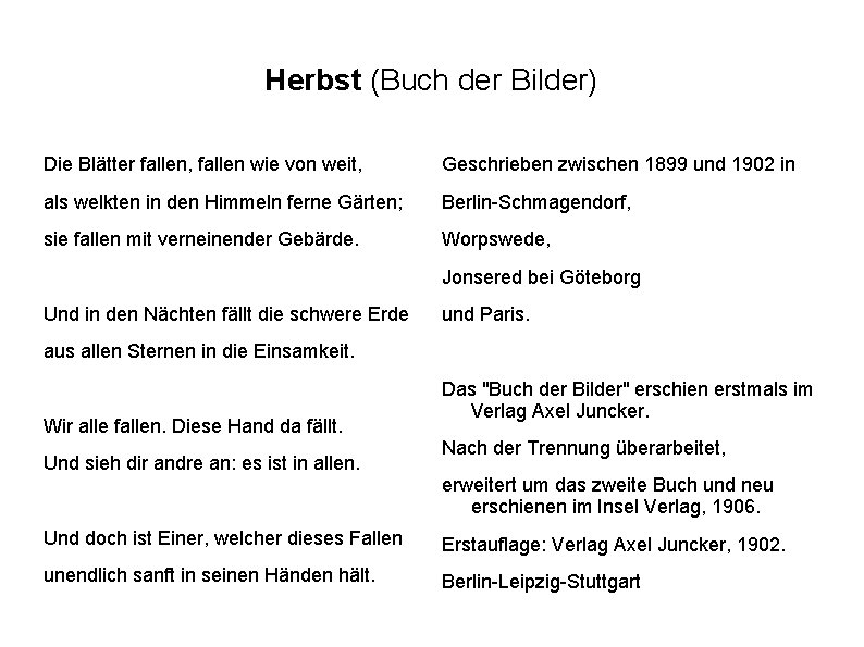 Herbst (Buch der Bilder) Die Blätter fallen, fallen wie von weit, Geschrieben zwischen 1899