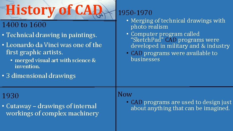 History of CAD 1400 to 1600 • Technical drawing in paintings. • Leonardo da