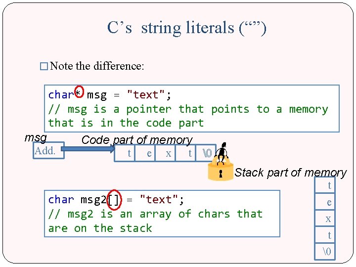 C’s string literals (“”) � Note the difference: char* msg = "text"; // msg