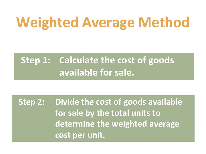 Weighted Average Method Step 1: Calculate the cost of goods available for sale. Step