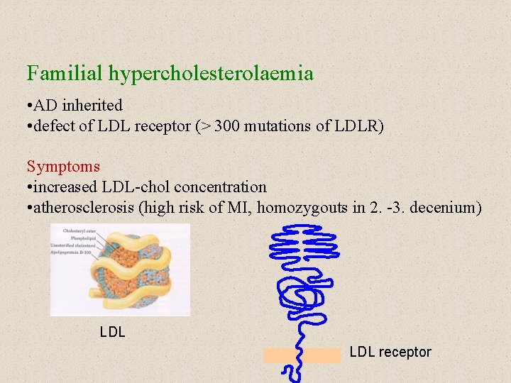 Familial hypercholesterolaemia • AD inherited • defect of LDL receptor (> 300 mutations of