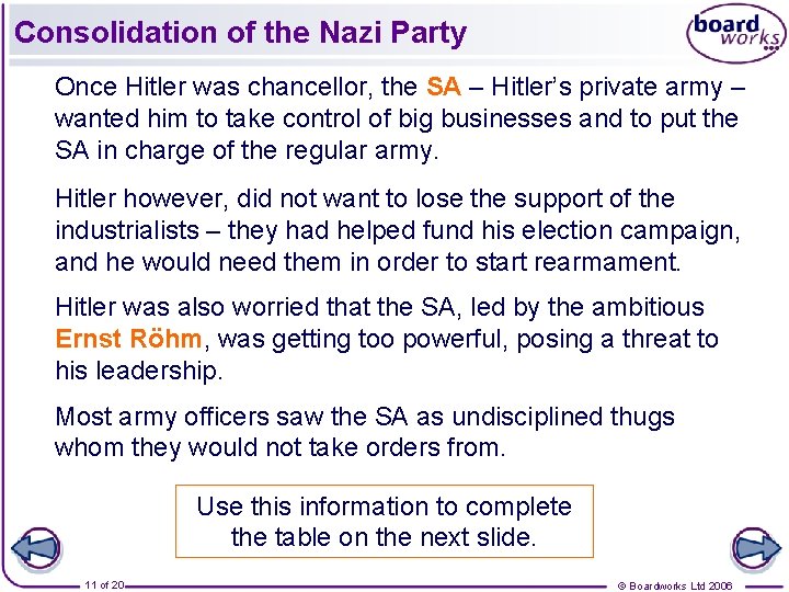 Consolidation of the Nazi Party Once Hitler was chancellor, the SA – Hitler’s private