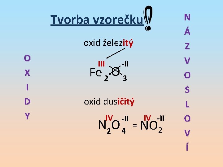 Tvorba vzorečku oxid železitý O X I D Y III -II Fe 2 O