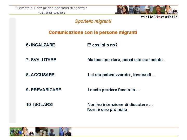 Giornate di Formazione operatori di sportello Torino, 28 -29 marzo 2006 Sportello migranti visibilinvisibili