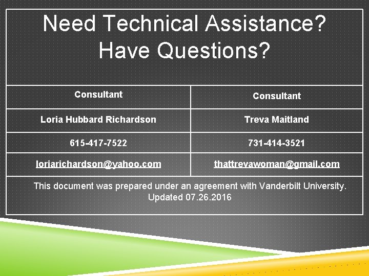 Need Technical Assistance? Have Questions? Consultant Loria Hubbard Richardson Treva Maitland 615 -417 -7522