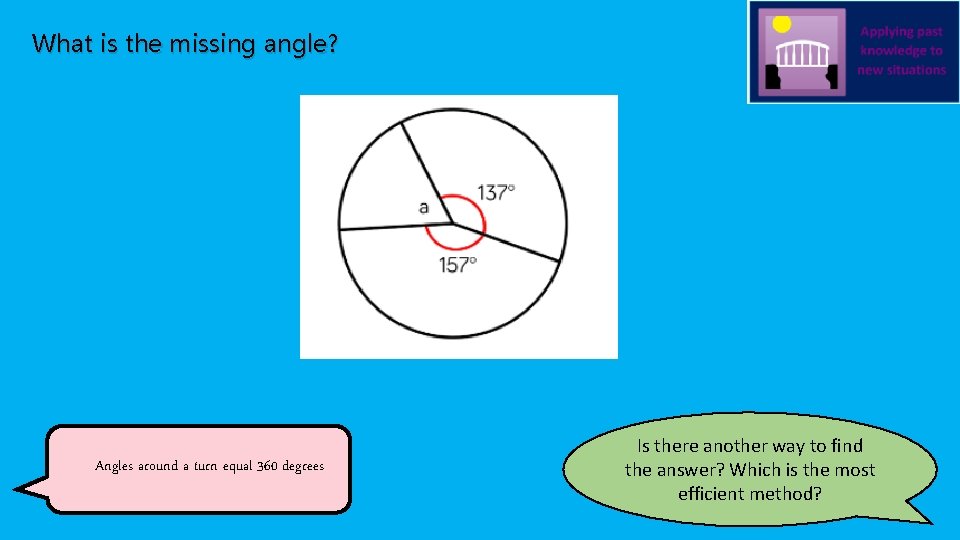 What is the missing angle? Angles around a turn equal 360 degrees Is there