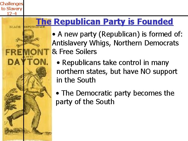 Challenges to Slavery 12 -4 The Republican Party is Founded • A new party