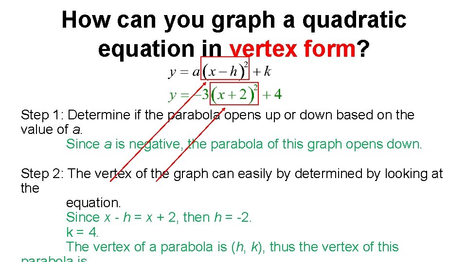 How can you graph a quadratic equation in vertex form? Step 1: Determine if