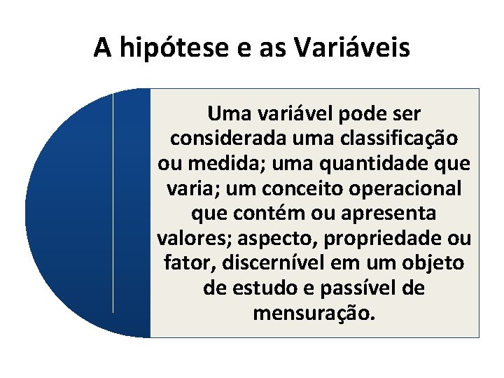 A hipótese e as Variáveis Uma variável pode ser considerada uma classificação ou medida;