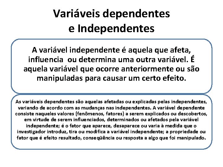 Variáveis dependentes e Independentes A variável independente é aquela que afeta, influencia ou determina