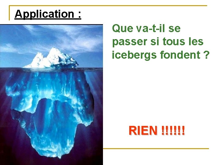 Application : Que va-t-il se passer si tous les icebergs fondent ? RIEN !!!!!!
