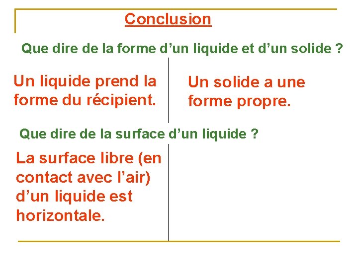 Conclusion Que dire de la forme d’un liquide et d’un solide ? Un liquide