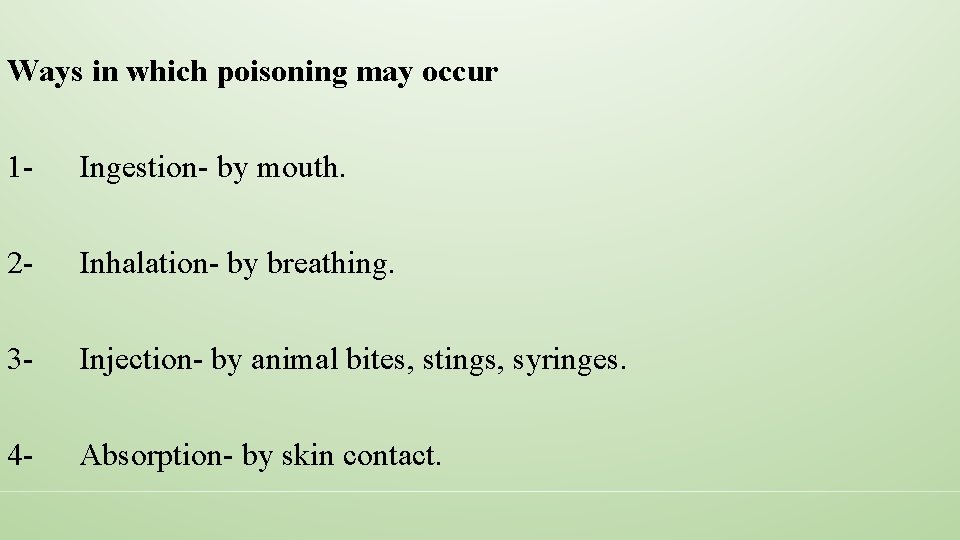 Ways in which poisoning may occur 1 - Ingestion- by mouth. 2 - Inhalation-