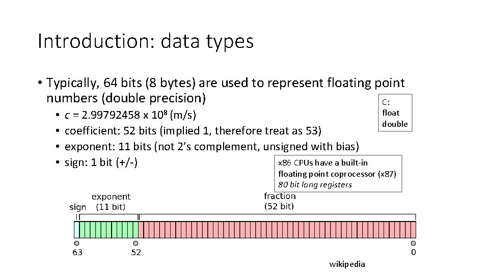 Introduction: data types • Typically, 64 bits (8 bytes) are used to represent floating