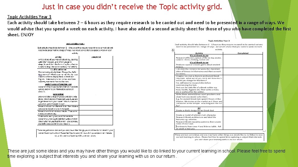 Just in case you didn’t receive the Topic activity grid. Topic Activities Year 3