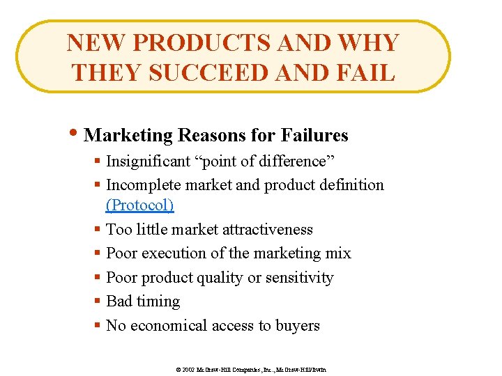 NEW PRODUCTS AND WHY THEY SUCCEED AND FAIL • Marketing Reasons for Failures §