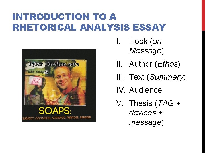 INTRODUCTION TO A RHETORICAL ANALYSIS ESSAY I. Hook (on Message) II. Author (Ethos) III.