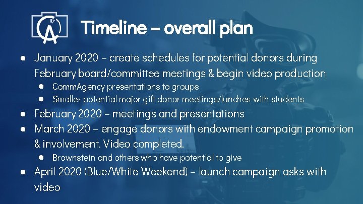 Timeline – overall plan ● January 2020 – create schedules for potential donors during