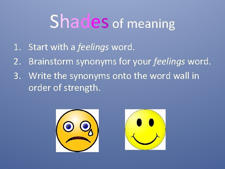 Shades of meaning 1. Start with a feelings word. 2. Brainstorm synonyms for your