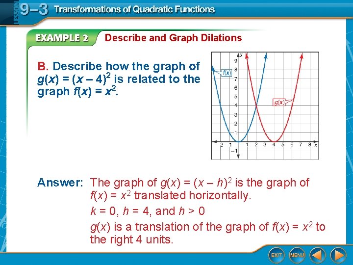 Describe and Graph Dilations B. Describe how the graph of g(x) = (x –