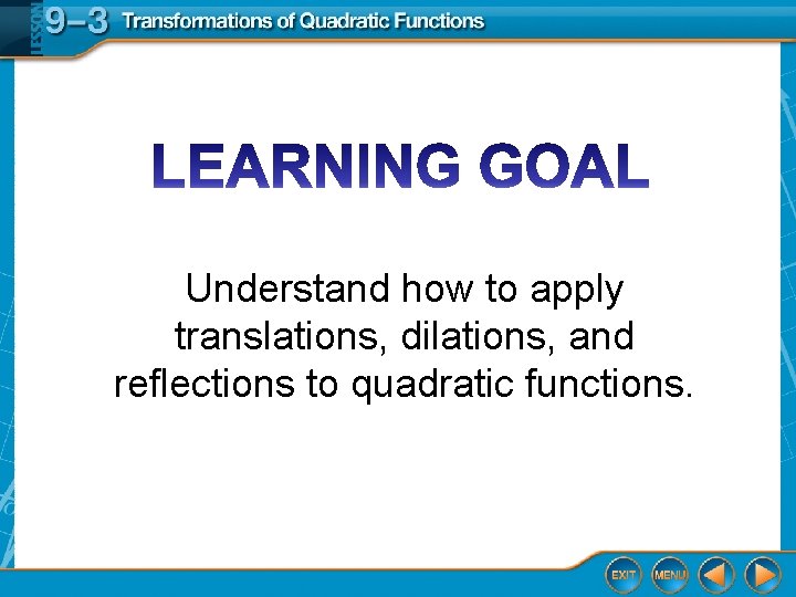 Understand how to apply translations, dilations, and reflections to quadratic functions. 
