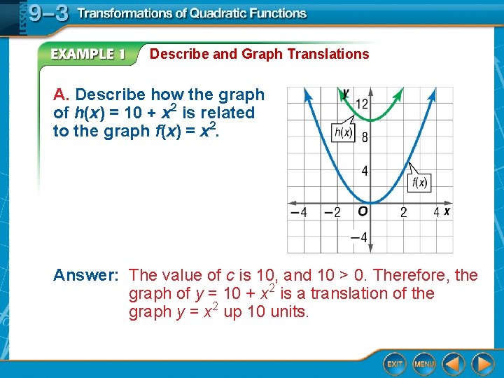 Describe and Graph Translations A. Describe how the graph of h(x) = 10 +