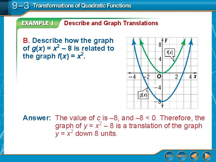 Describe and Graph Translations B. Describe how the graph of g(x) = x 2
