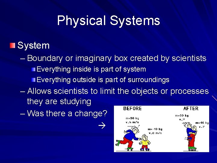 Physical Systems System – Boundary or imaginary box created by scientists Everything inside is