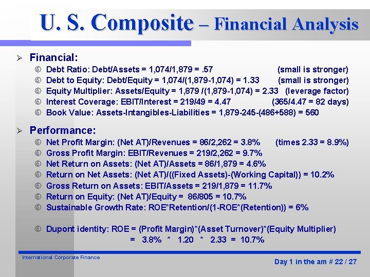 U. S. Composite – Financial Analysis Ø Financial: Ø Debt Ratio: Debt/Assets = 1,