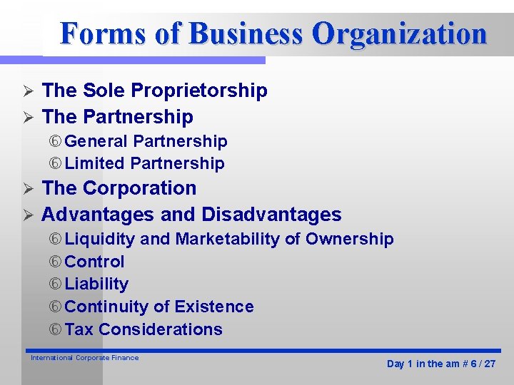 Forms of Business Organization The Sole Proprietorship Ø The Partnership Ø General Partnership Limited