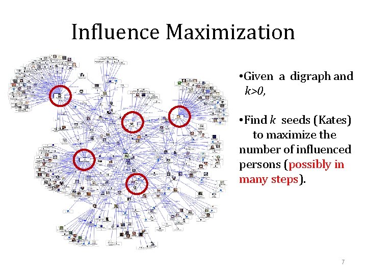 Influence Maximization • Given a digraph and k>0, • Find k seeds (Kates) to