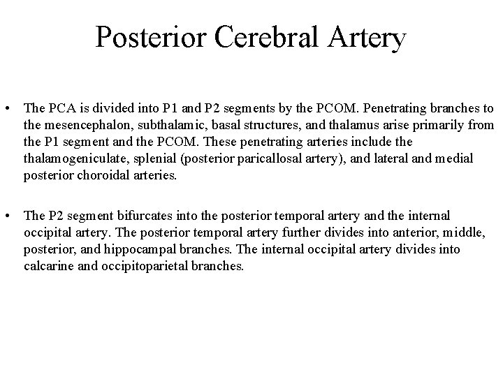 Posterior Cerebral Artery • The PCA is divided into P 1 and P 2
