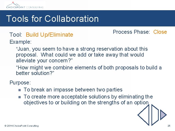 Tools for Collaboration Tool: Build Up/Eliminate Process Phase: Close Example: “Juan, you seem to