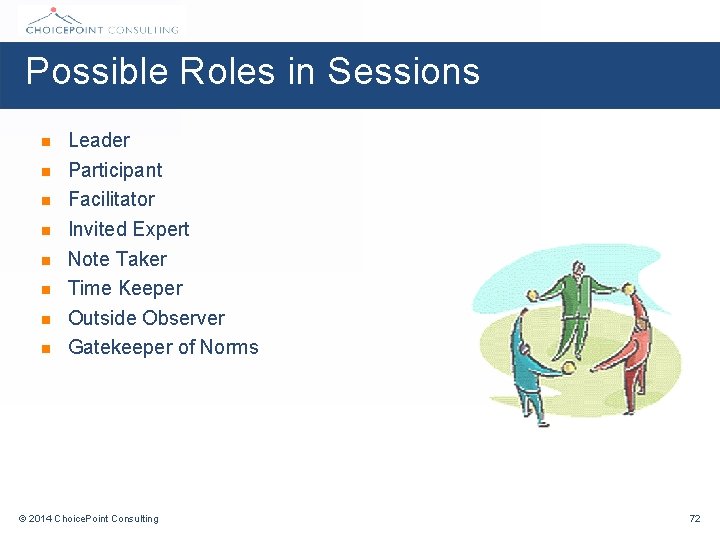 Possible Roles in Sessions n n n n Leader Participant Facilitator Invited Expert Note