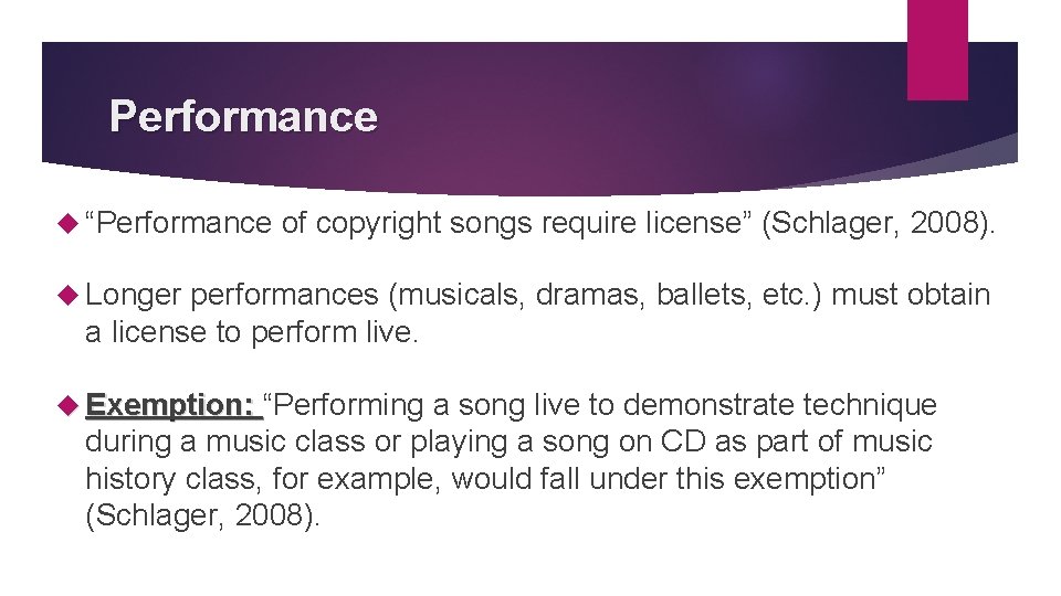 Performance “Performance of copyright songs require license” (Schlager, 2008). Longer performances (musicals, dramas, ballets,