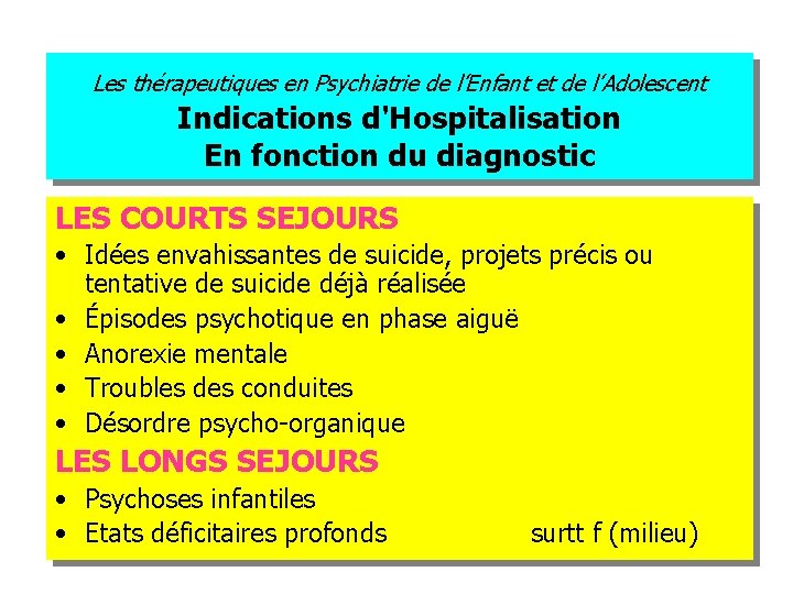 Les thérapeutiques en Psychiatrie de l’Enfant et de l’Adolescent Indications d'Hospitalisation En fonction du